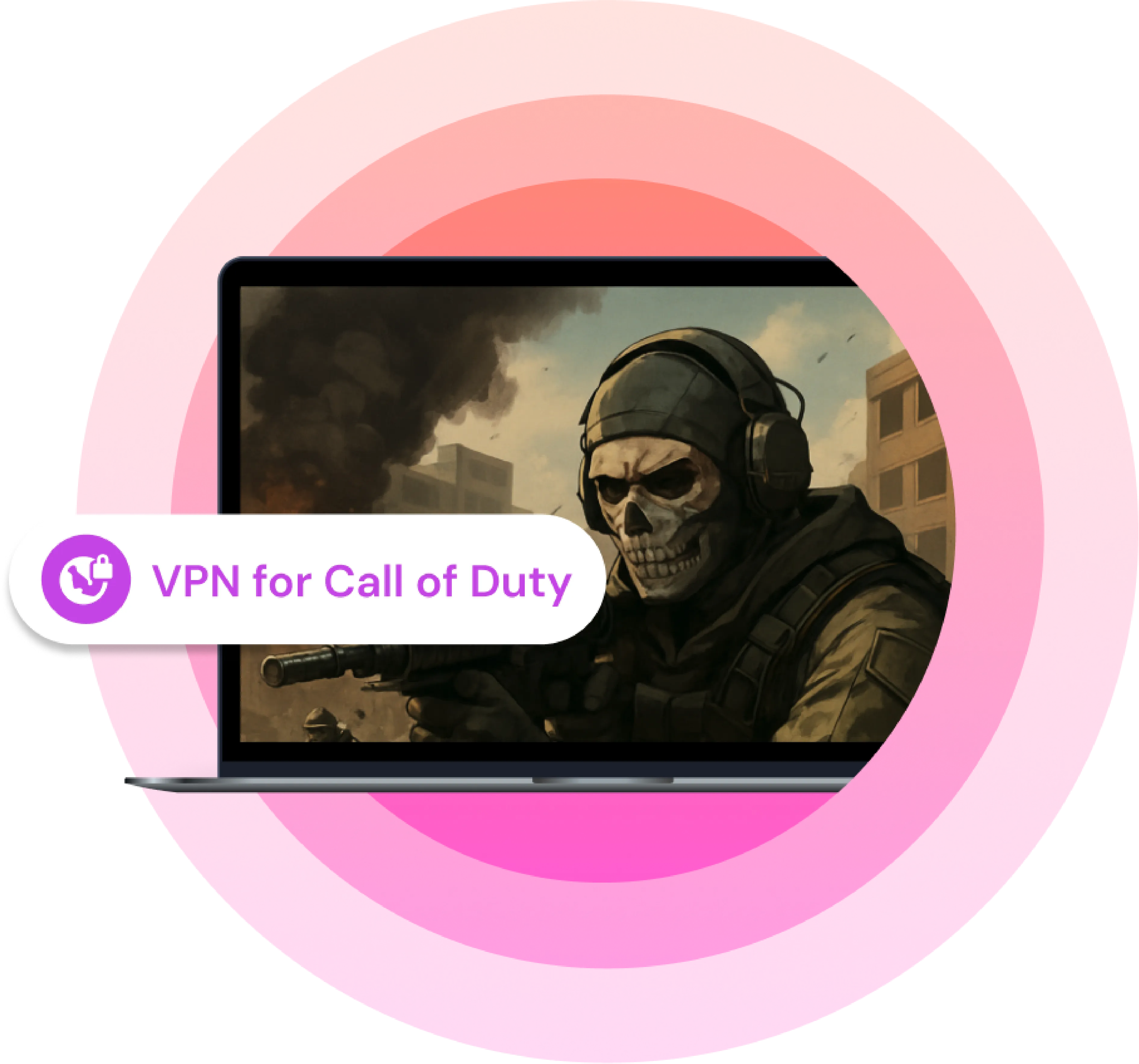 Laptop screen showing a Call of Duty soldier in combat gear with a skull mask, overlaid with a “VPN for Call of Duty” label.
